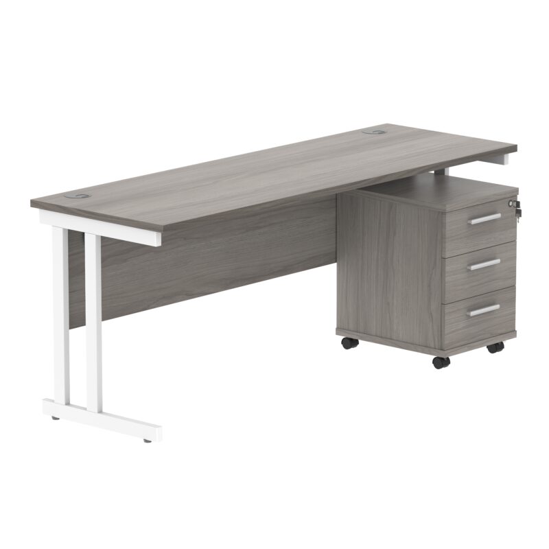 Double Upright Rectangular Desk + 3 Drawer Mobile Under Desk Pedestal | 1800X600 | Alaskan Grey Oak/White