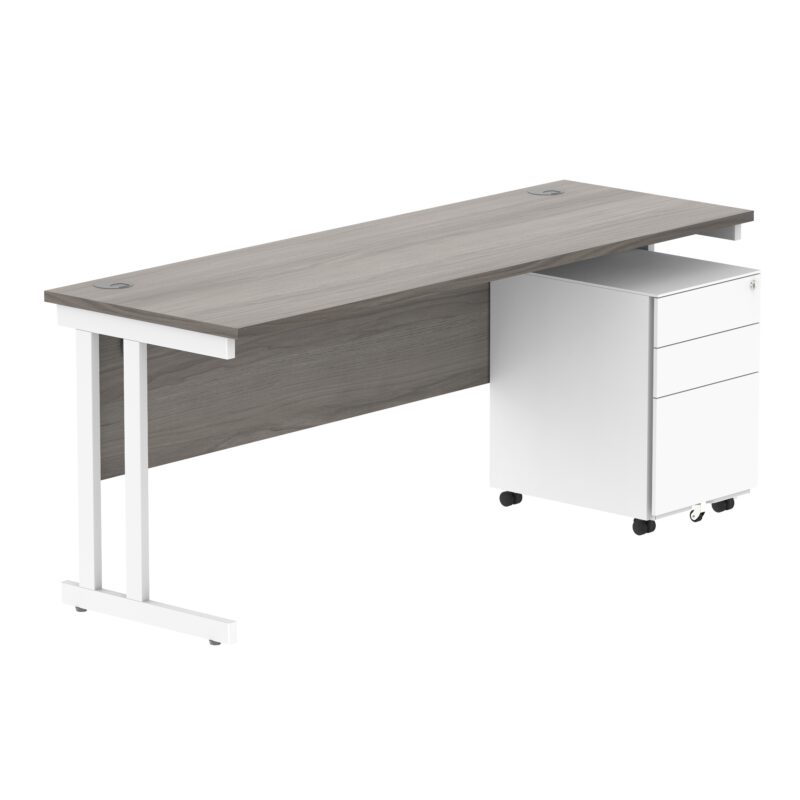 Double Upright Rectangular Desk + Under Desk Steel Pedestal 3 Drawers | 1800X600 | Alaskan Grey Oak/White