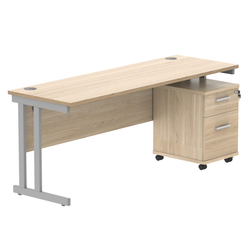 Double Upright Rectangular Desk + 2 Drawer Mobile Under Desk Pedestal | 1800X600 | Canadian Oak/Silver