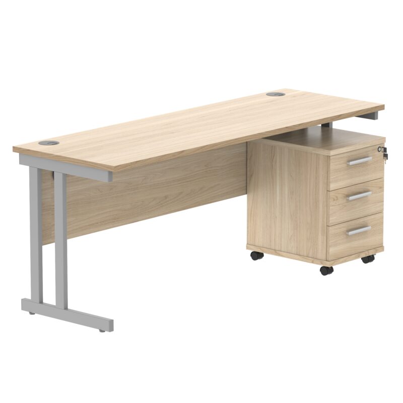 Double Upright Rectangular Desk + 3 Drawer Mobile Under Desk Pedestal | 1800X600 | Canadian Oak/Silver