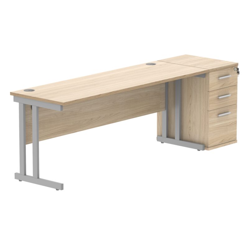 Double Upright Rectangular Desk + Desk High Pedestal | 1800X600 | Canadian Oak/Silver