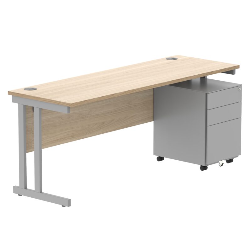 Double Upright Rectangular Desk + Under Desk Steel Pedestal 3 Drawers | 1800X600 | Canadian Oak/Silver