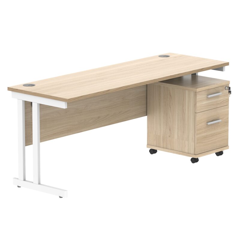 Double Upright Rectangular Desk + 2 Drawer Mobile Under Desk Pedestal | 1800X600 | Canadian Oak/White