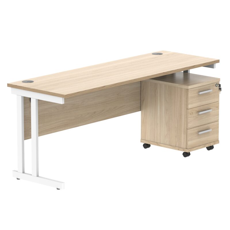 Double Upright Rectangular Desk + 3 Drawer Mobile Under Desk Pedestal | 1800X600 | Canadian Oak/White