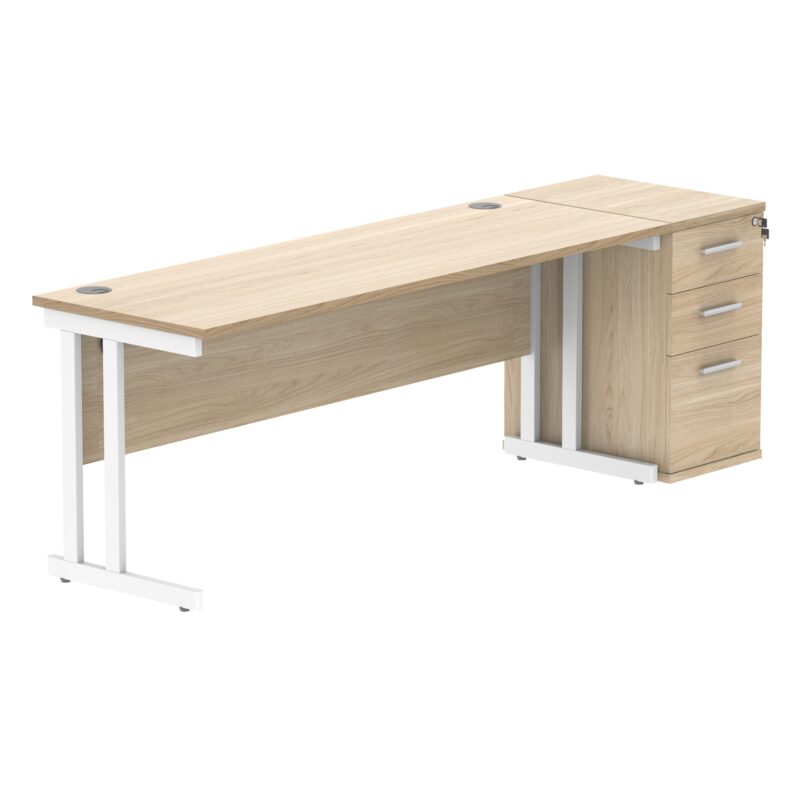 Double Upright Rectangular Desk + Desk High Pedestal | 1800X600 | Canadian Oak/White