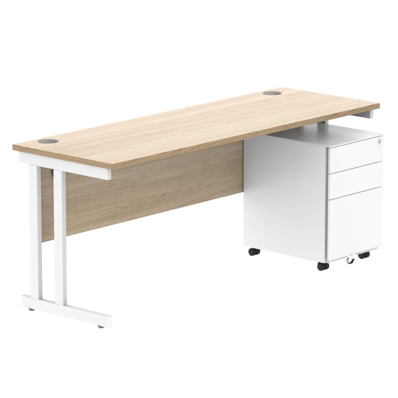 Double Upright Rectangular Desk + Under Desk Steel Pedestal 3 Drawers | 1800X600 | Canadian Oak/White