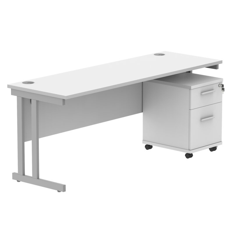 Double Upright Rectangular Desk + 2 Drawer Mobile Under Desk Pedestal | 1800X600 | Arctic White/Silver