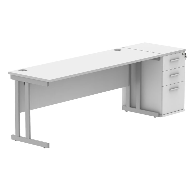 Double Upright Rectangular Desk + Desk High Pedestal | 1800X600 | Arctic White/Silver