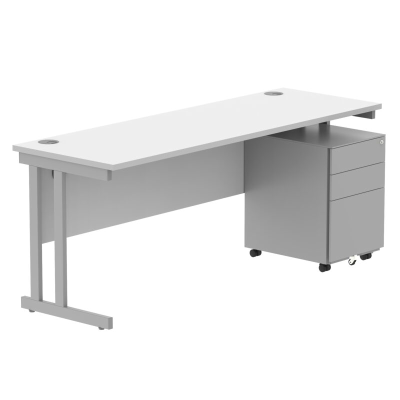 Double Upright Rectangular Desk + Under Desk Steel Pedestal 3 Drawers | 1800X600 | Arctic White/Silver