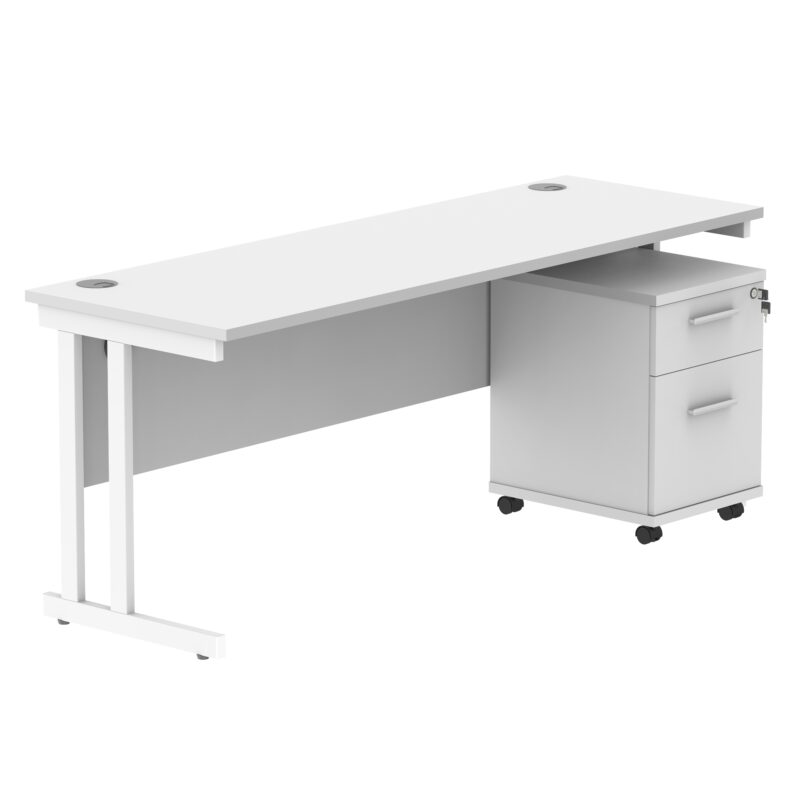 Double Upright Rectangular Desk + 2 Drawer Mobile Under Desk Pedestal | 1800X600 | Arctic White/White