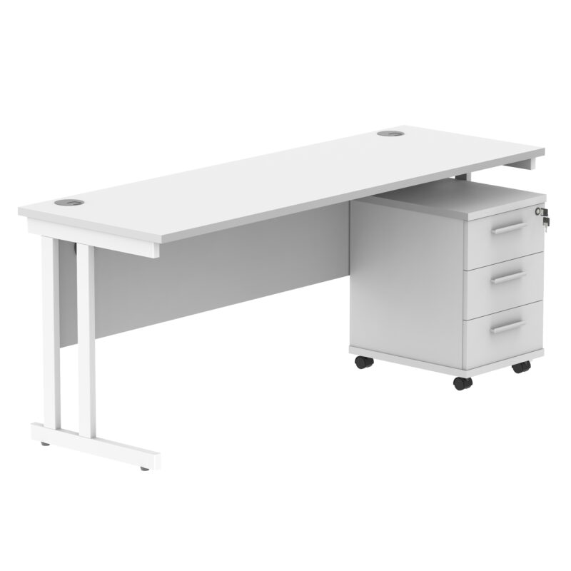 Double Upright Rectangular Desk + 3 Drawer Mobile Under Desk Pedestal | 1800X600 | Arctic White/White