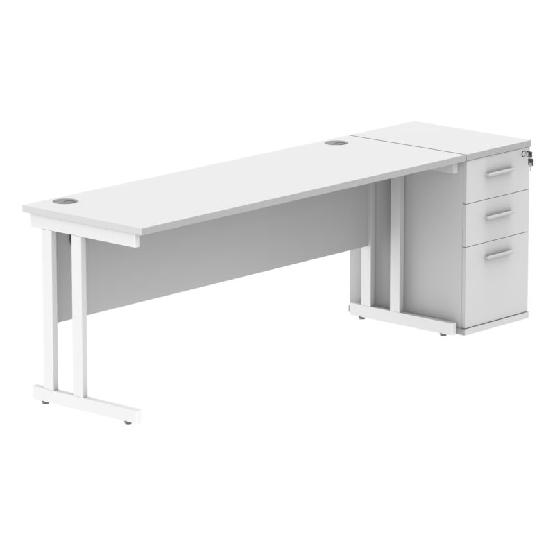 Double Upright Rectangular Desk + Desk High Pedestal | 1800X600 | Arctic White/White