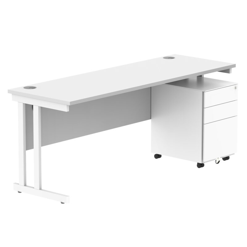 Double Upright Rectangular Desk + Under Desk Steel Pedestal 3 Drawers | 1800X600 | Arctic White/White