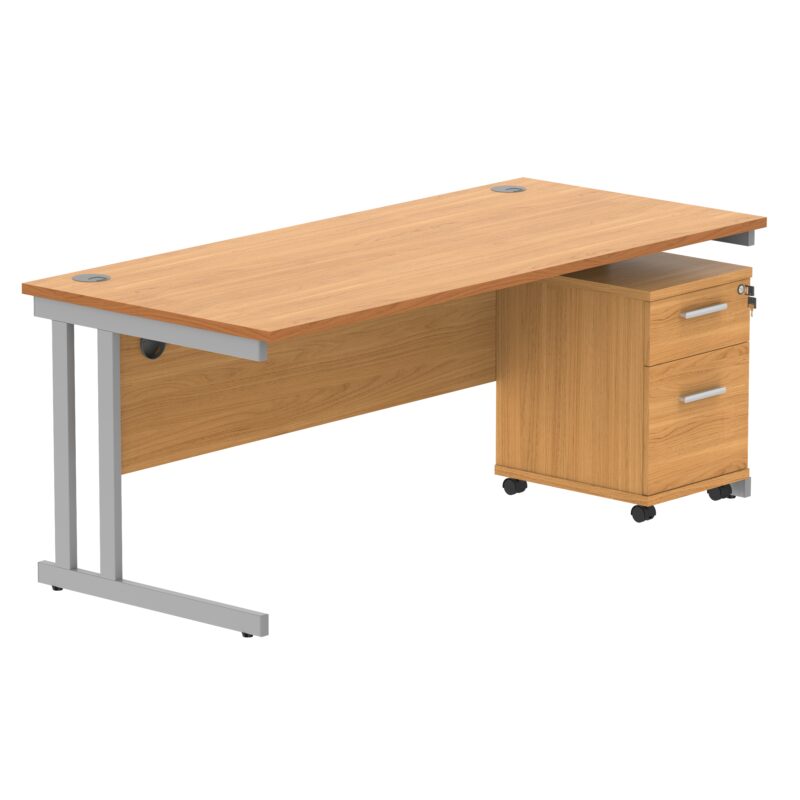 Double Upright Rectangular Desk + 2 Drawer Mobile Under Desk Pedestal | 1800X800 | Norwegian Beech/Silver