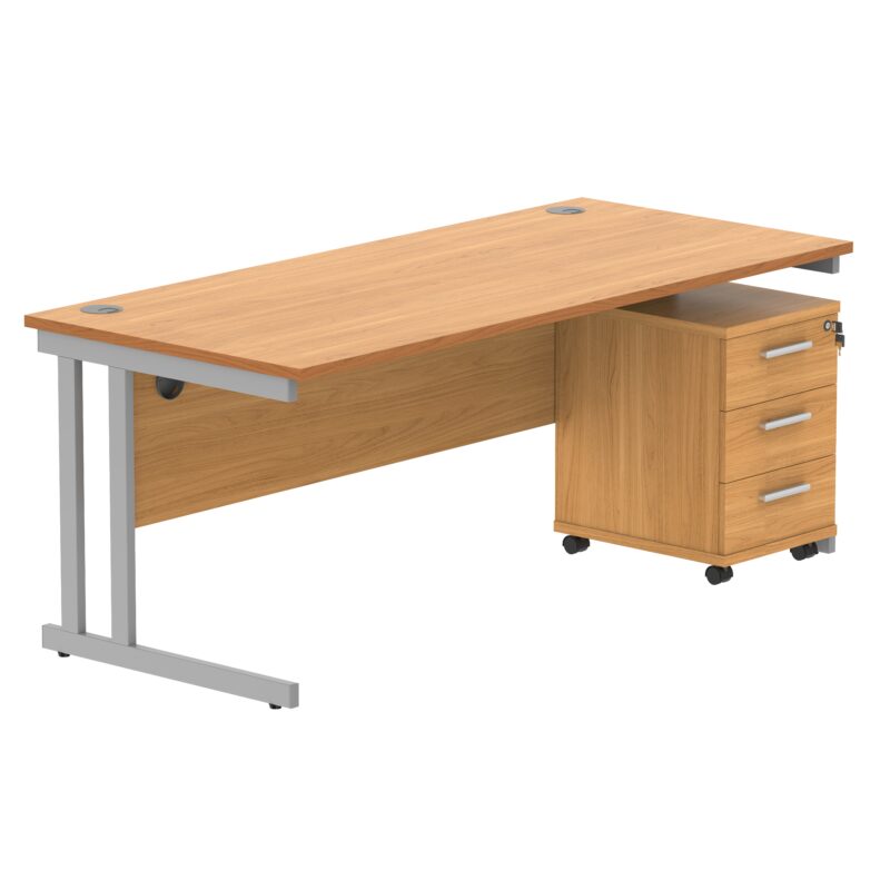 Double Upright Rectangular Desk + 3 Drawer Mobile Under Desk Pedestal | 1800X800 | Norwegian Beech/Silver