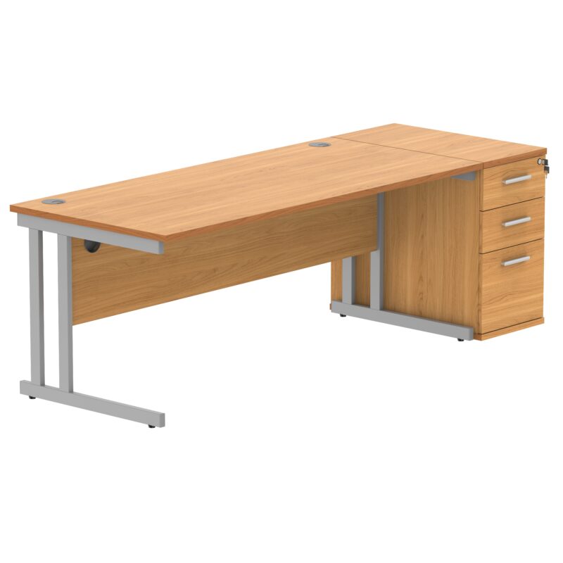 Double Upright Rectangular Desk + Desk High Pedestal | 1800X800 | Norwegian Beech/Silver