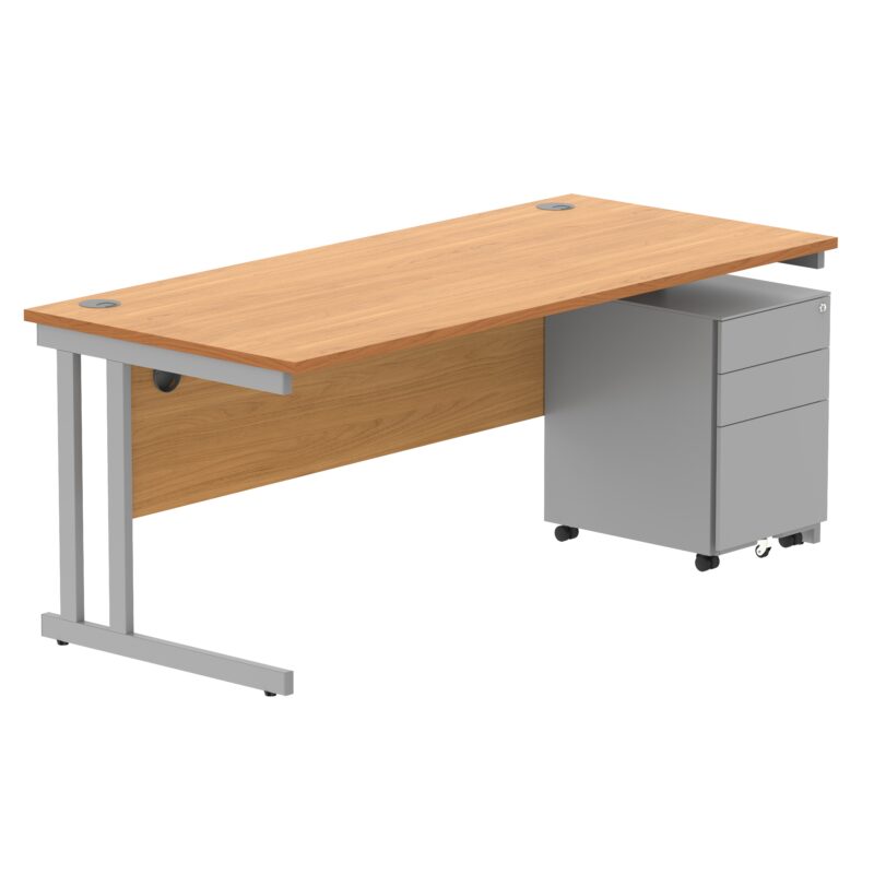 Double Upright Rectangular Desk + Under Desk Steel Pedestal 3 Drawers | 1800X800 | Norwegian Beech/Silver