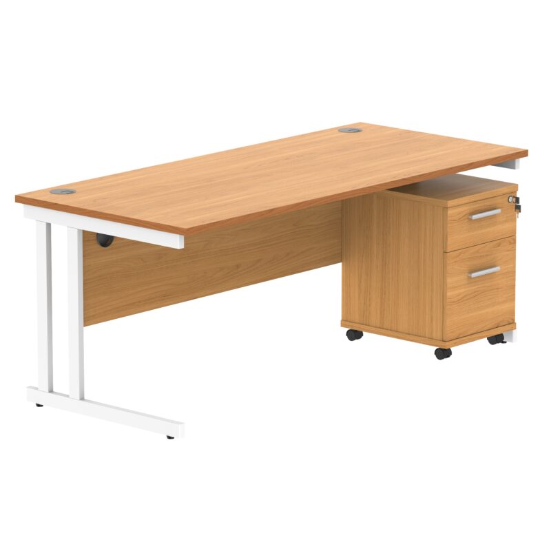 Double Upright Rectangular Desk + 2 Drawer Mobile Under Desk Pedestal | 1800X800 | Norwegian Beech/White