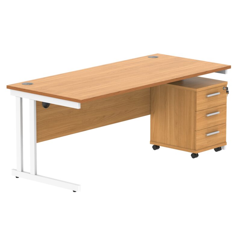 Double Upright Rectangular Desk + 3 Drawer Mobile Under Desk Pedestal | 1800X800 | Norwegian Beech/White