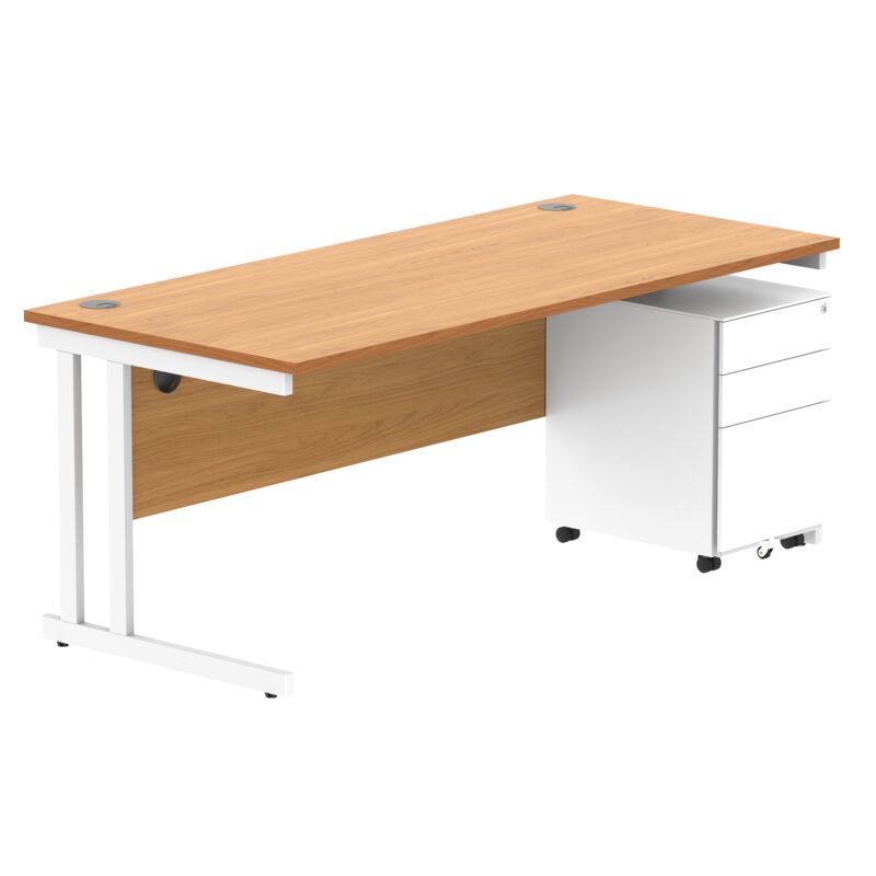 Double Upright Rectangular Desk + Under Desk Steel Pedestal 3 Drawers | 1800X800 | Norwegian Beech/White