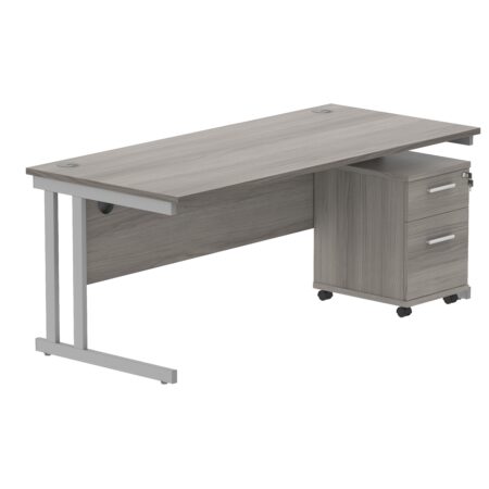 Double Upright Rectangular Desk + 2 Drawer Mobile Under Desk Pedestal | 1800X800 | Alaskan Grey Oak/Silver