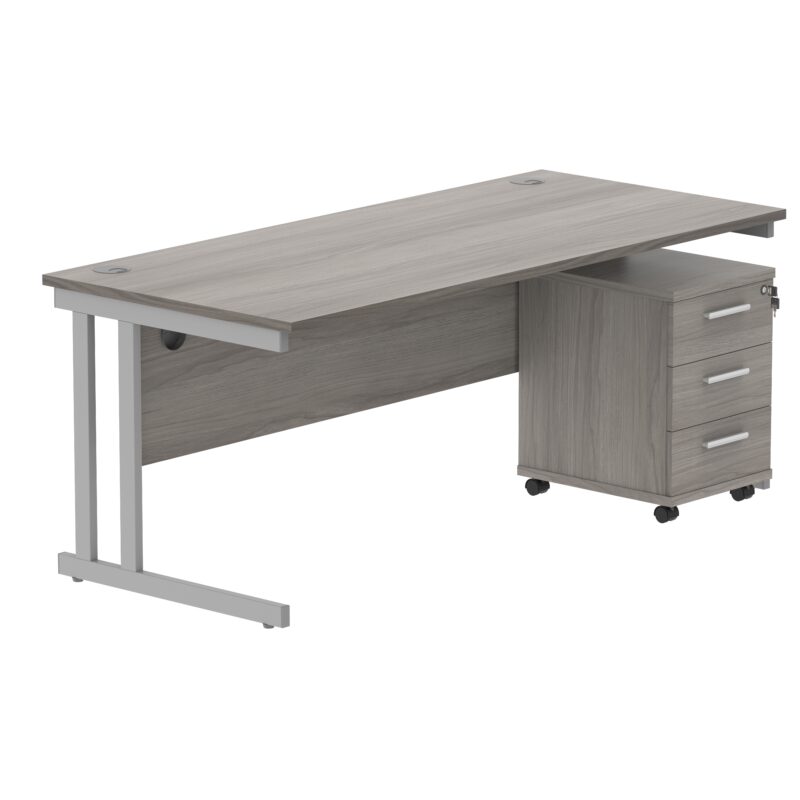 Double Upright Rectangular Desk + 3 Drawer Mobile Under Desk Pedestal | 1800X800 | Alaskan Grey Oak/Silver