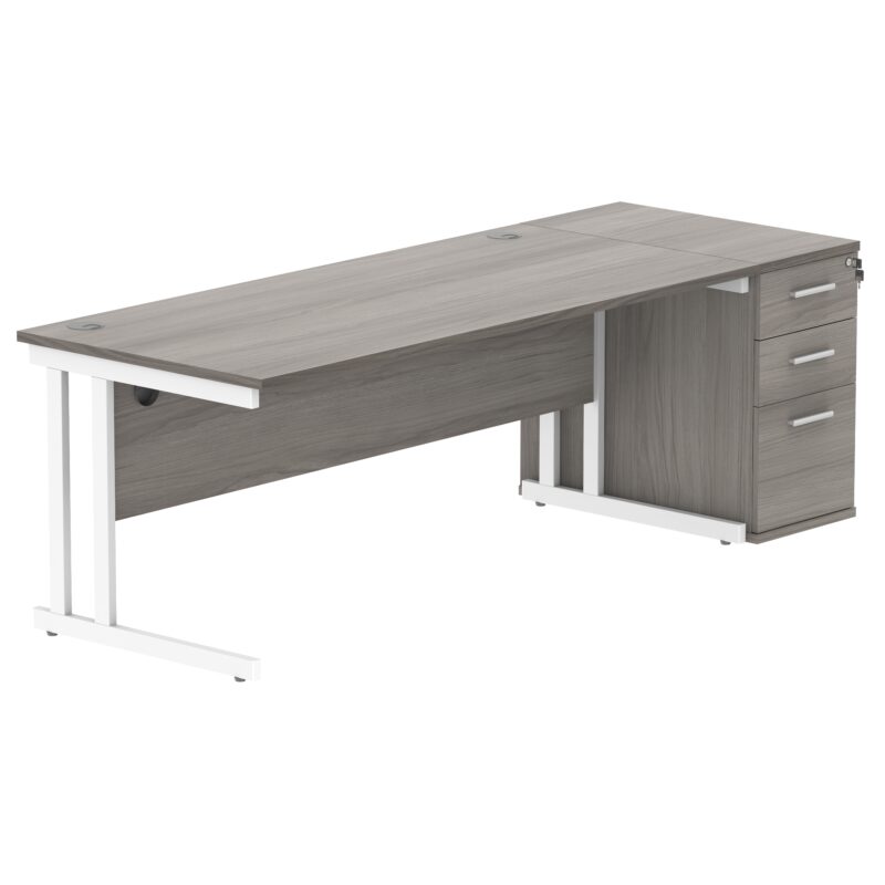 Double Upright Rectangular Desk + Desk High Pedestal | 1800X800 | Alaskan Grey Oak/Silver