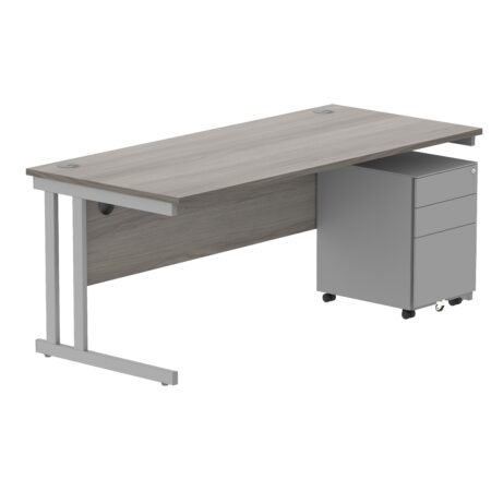 Double Upright Rectangular Desk + Under Desk Steel Pedestal 3 Drawers | 1800X800 | Alaskan Grey Oak/Silver