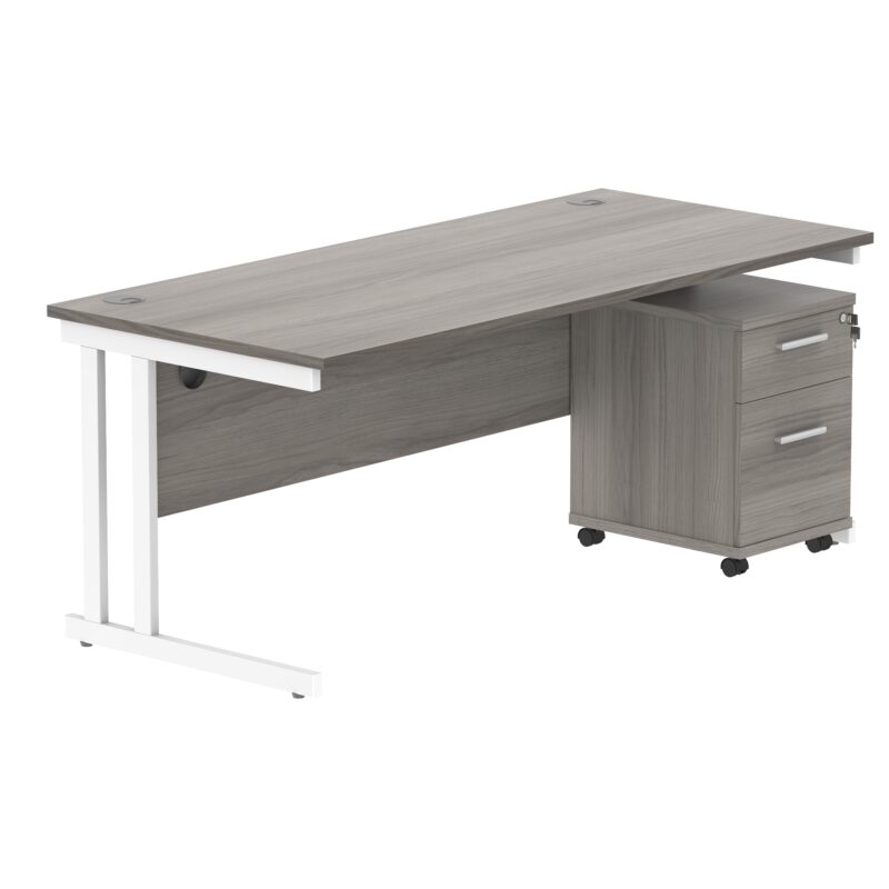 Double Upright Rectangular Desk + 2 Drawer Mobile Under Desk Pedestal | 1800X800 | Alaskan Grey Oak/White