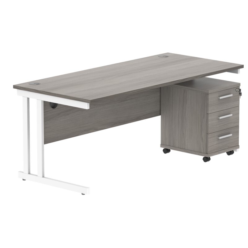 Double Upright Rectangular Desk + 3 Drawer Mobile Under Desk Pedestal | 1800X800 | Alaskan Grey Oak/White