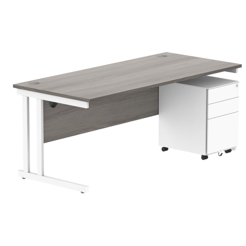 Double Upright Rectangular Desk + Under Desk Steel Pedestal 3 Drawers | 1800X800 | Alaskan Grey Oak/White