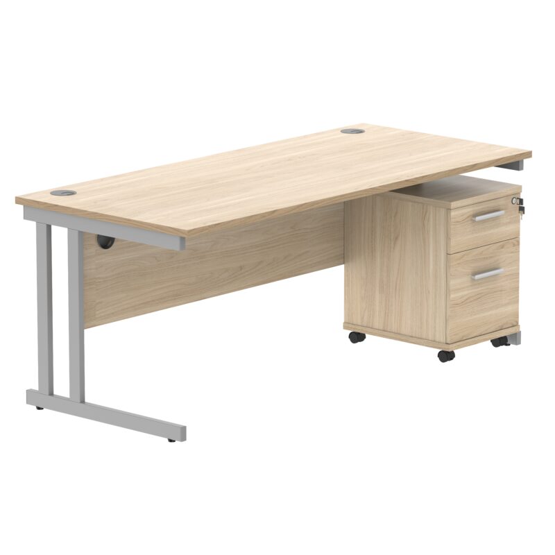 Double Upright Rectangular Desk + 2 Drawer Mobile Under Desk Pedestal | 1800X800 | Canadian Oak/Silver