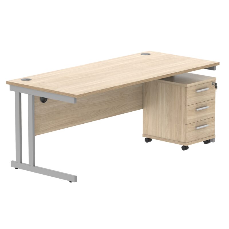 Double Upright Rectangular Desk + 3 Drawer Mobile Under Desk Pedestal | 1800X800 | Canadian Oak/Silver