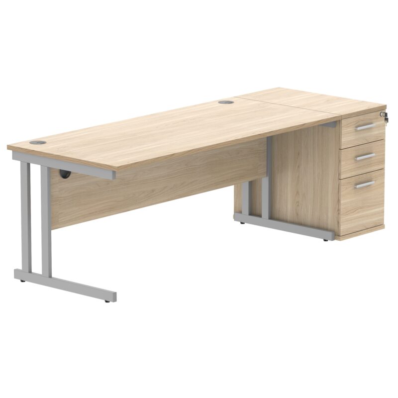 Double Upright Rectangular Desk + Desk High Pedestal | 1800X800 | Canadian Oak/Silver