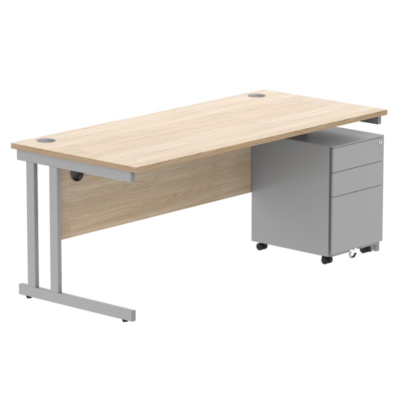 Double Upright Rectangular Desk + Under Desk Steel Pedestal 3 Drawers | 1800X800 | Canadian Oak/Silver