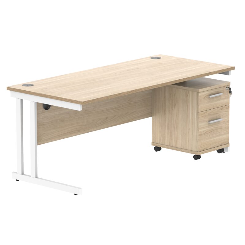 Double Upright Rectangular Desk + 2 Drawer Mobile Under Desk Pedestal | 1800X800 | Canadian Oak/White