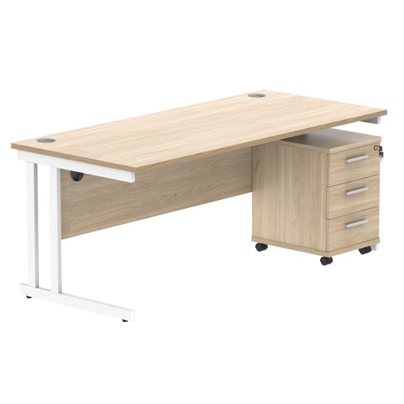 Double Upright Rectangular Desk + 3 Drawer Mobile Under Desk Pedestal | 1800X800 | Canadian Oak/White