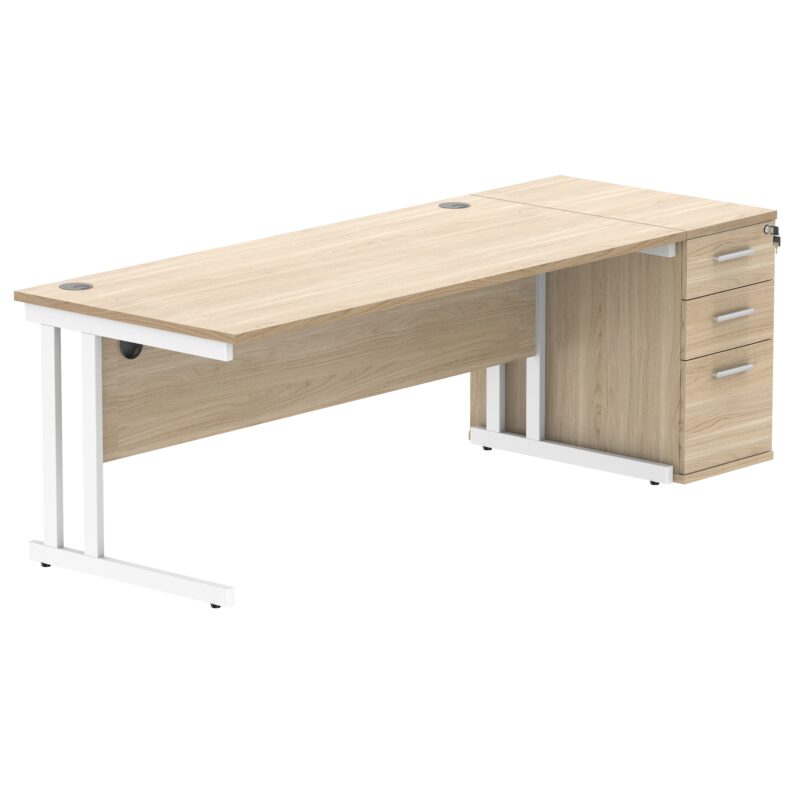 Double Upright Rectangular Desk + Desk High Pedestal | 1800X800 | Canadian Oak/White