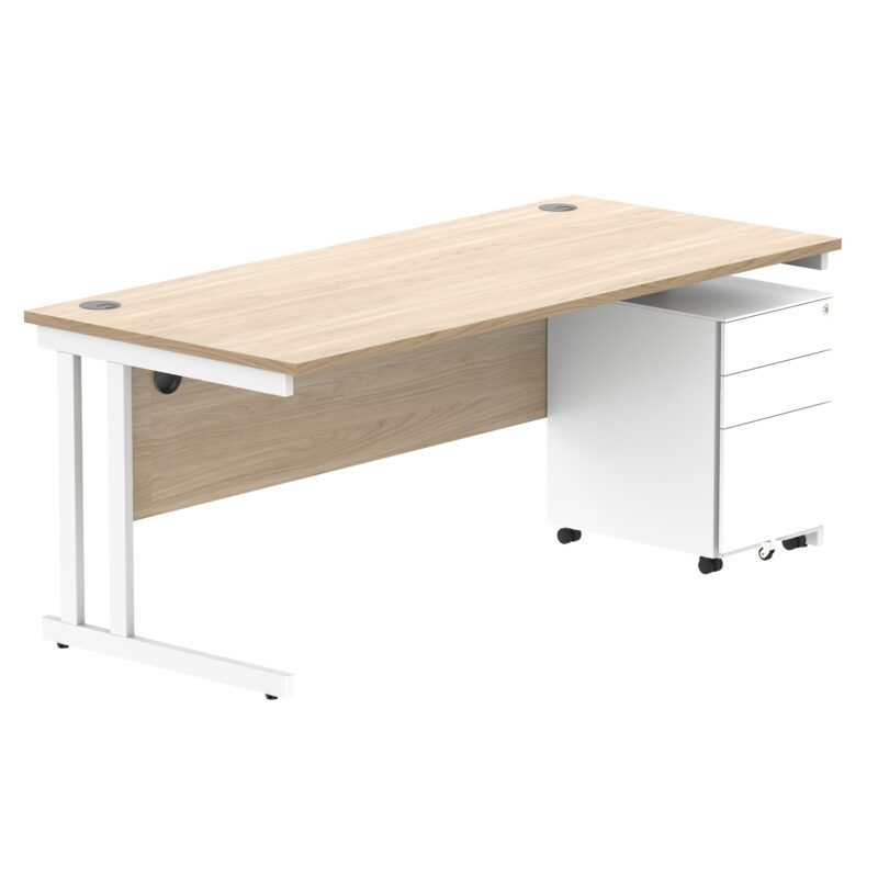 Double Upright Rectangular Desk + Under Desk Steel Pedestal 3 Drawers | 1800X800 | Canadian Oak/White