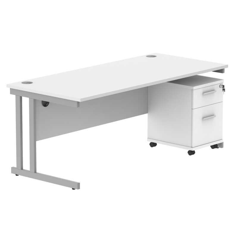 Double Upright Rectangular Desk + 2 Drawer Mobile Under Desk Pedestal | 1800X800 | Arctic White/Silver