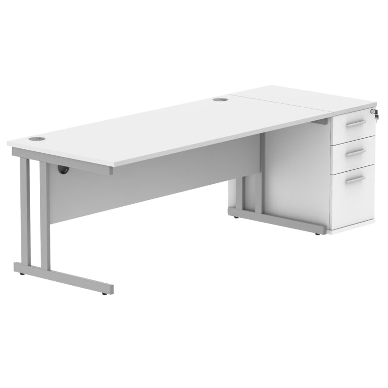 Double Upright Rectangular Desk + Desk High Pedestal | 1800X800 | Arctic White/Silver