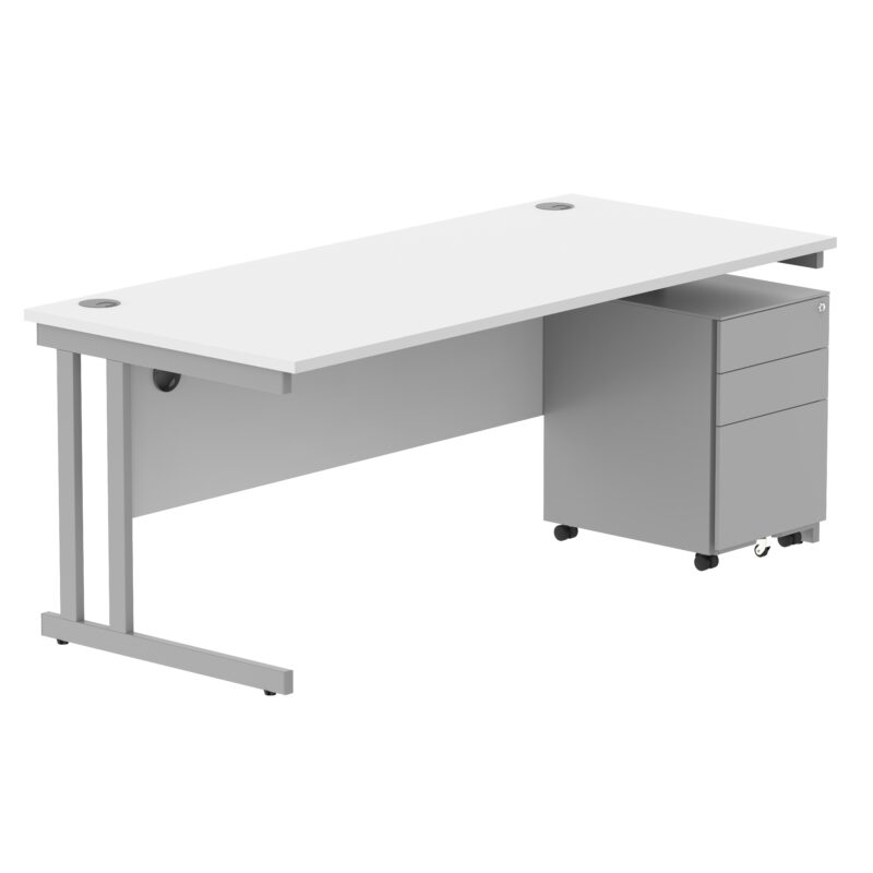 Double Upright Rectangular Desk + Under Desk Steel Pedestal 3 Drawers | 1800X800 | Arctic White/Silver