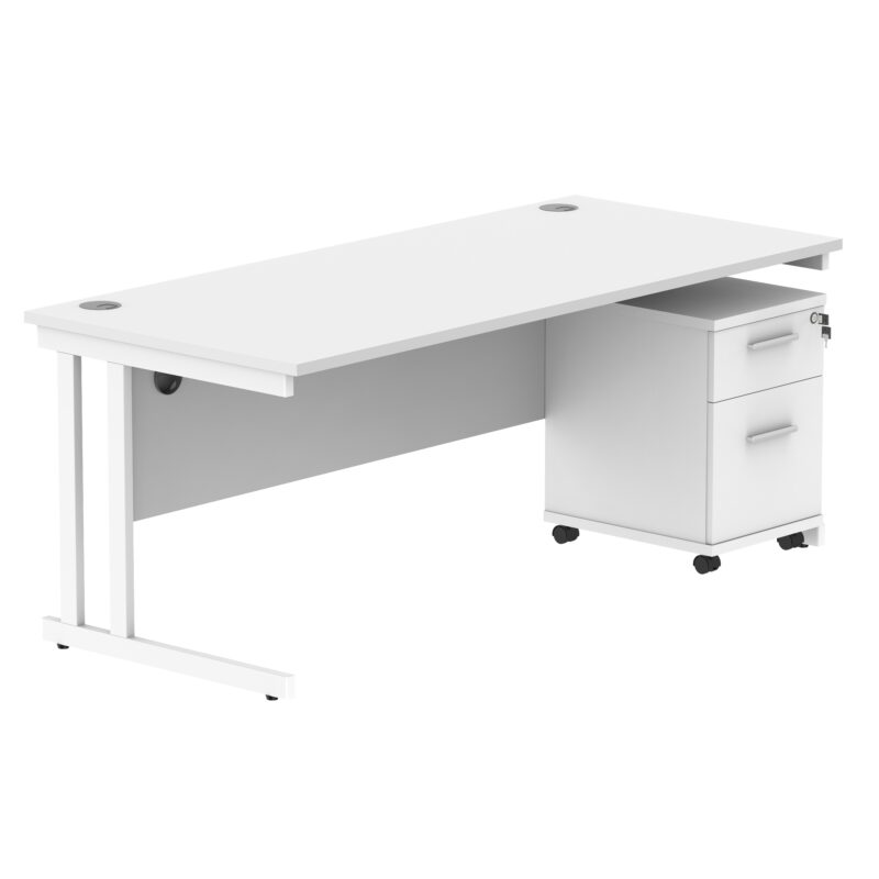 Double Upright Rectangular Desk + 2 Drawer Mobile Under Desk Pedestal | 1800X800 | Arctic White/White