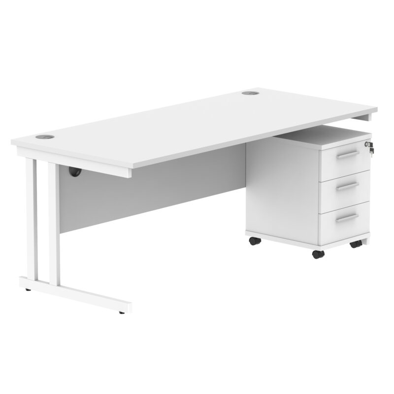 Double Upright Rectangular Desk + 3 Drawer Mobile Under Desk Pedestal | 1800X800 | Arctic White/White