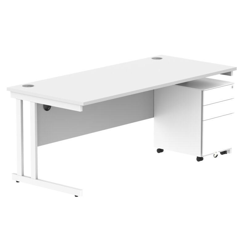 Double Upright Rectangular Desk + Under Desk Steel Pedestal 3 Drawers | 1800X800 | Arctic White/White