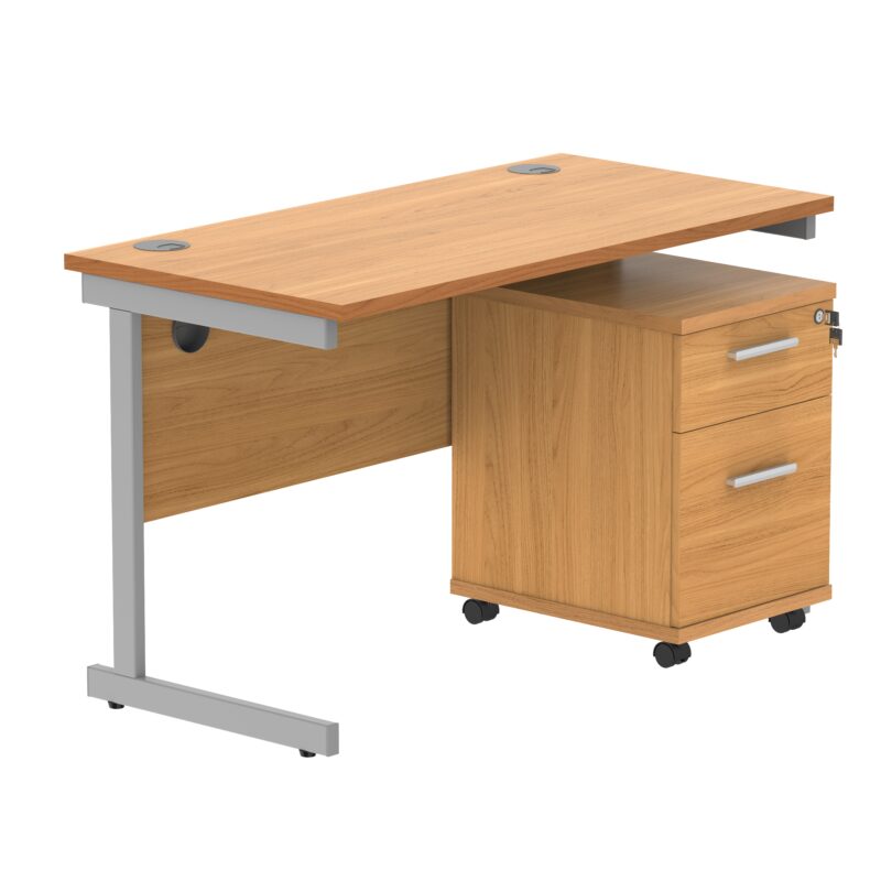 Single Upright Rectangular Desk + 2 Drawer Mobile Under Desk Pedestal | 1200 X 600 | Norwegian Beech/Silver