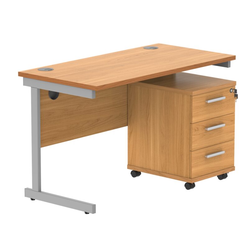 Single Upright Rectangular Desk + 3 Drawer Mobile Under Desk Pedestal | 1200 X 600 | Norwegian Beech/Silver