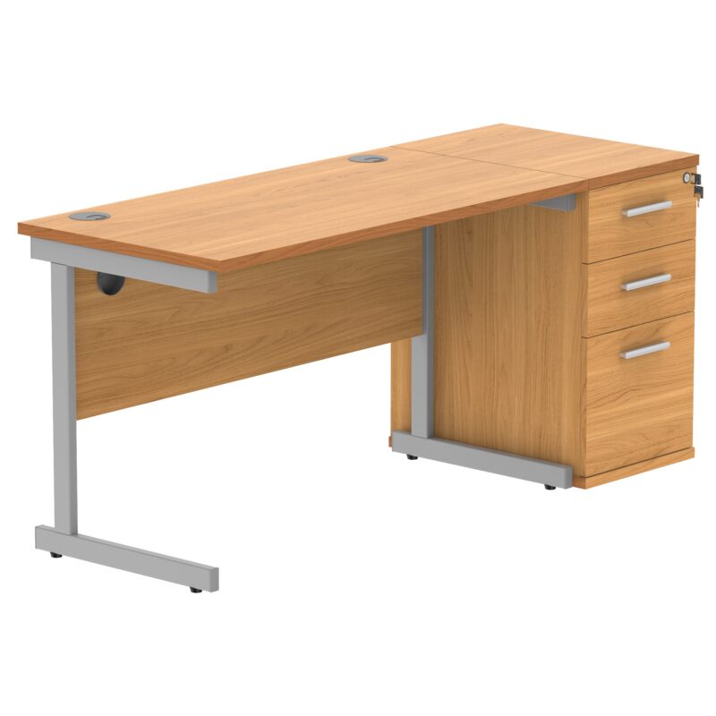 Single Upright Rectangular Desk + Desk High Pedestal | 1200 X 600 | Norwegian Beech/Silver