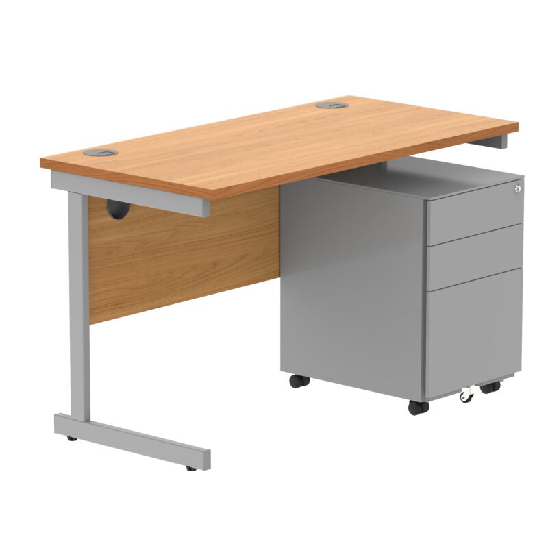 CORE Single Upright Rectangular Desk + Under Desk Steel Pedestal 3 Drawers | 1200 X 600 | Norwegian Beech/Silver