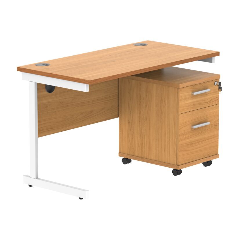 Single Upright Rectangular Desk + 2 Drawer Mobile Under Desk Pedestal | 1200 X 600 | Norwegian Beech/White